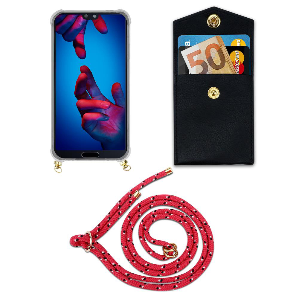 Smartphone con custodia, porta carte con soldi e carta, corda rossa.