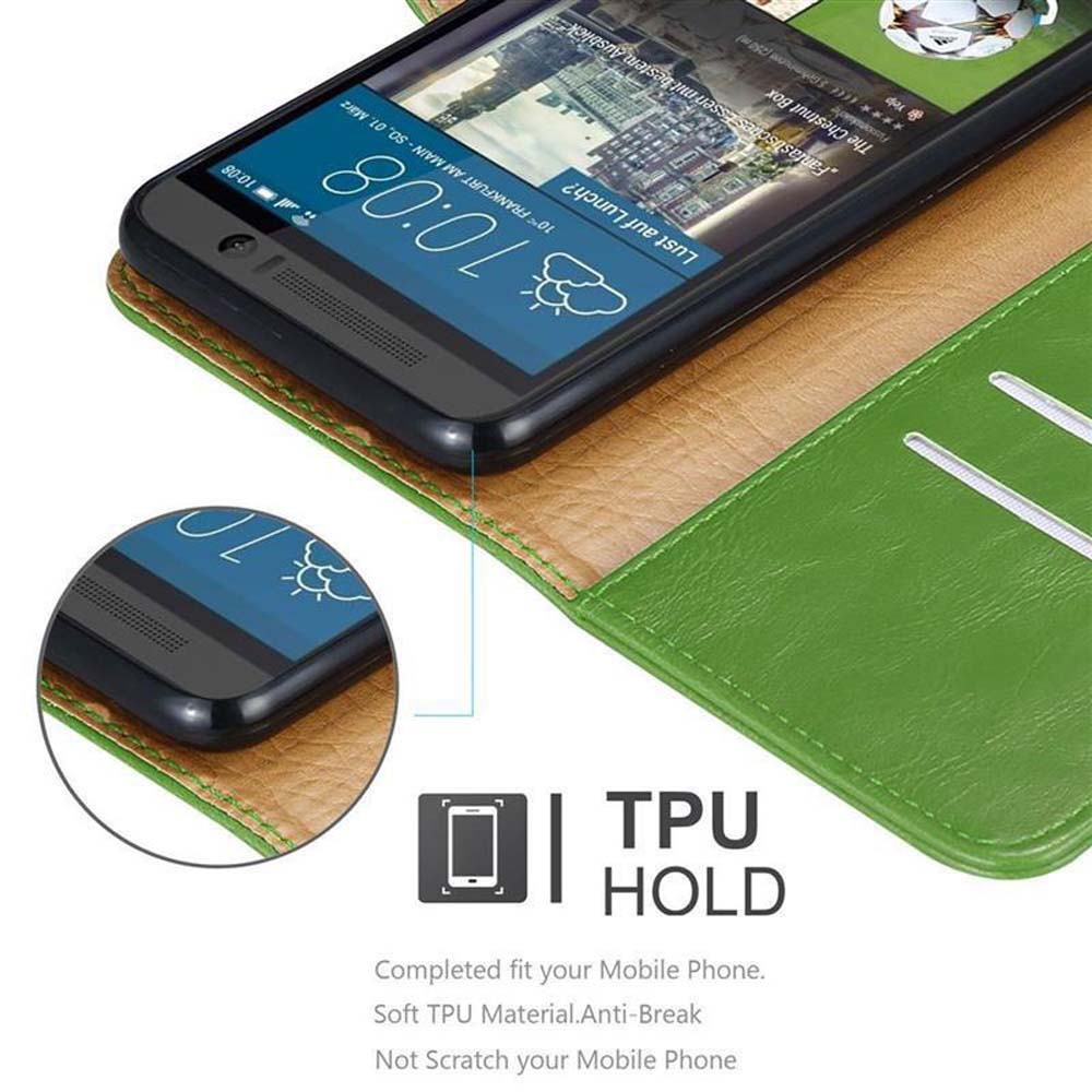 Custodia verde per telefono con smartphone aperto che mostra l'ora.