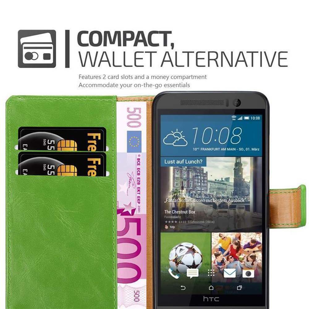 Custodia verde per telefono con slot per carte, banconota da 500€ e display.