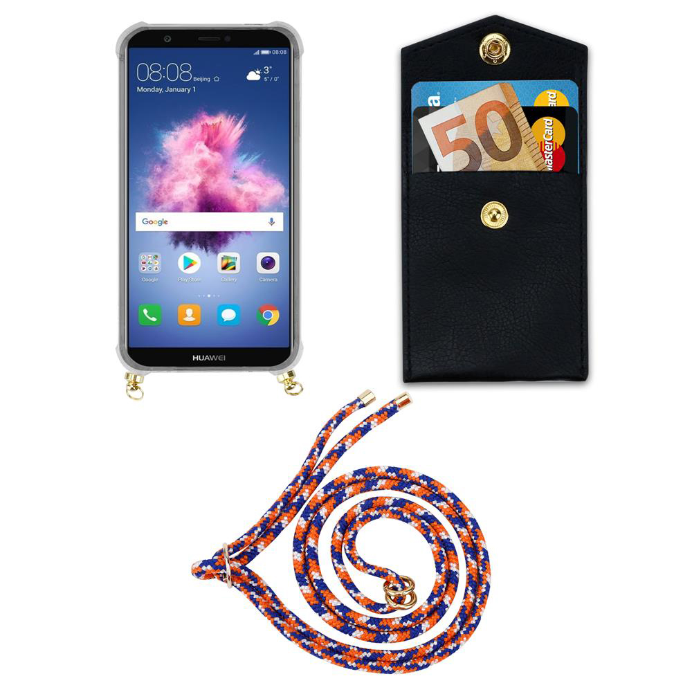 Un telefono Huawei, un porta carte nero con carte e un cordino colorato.