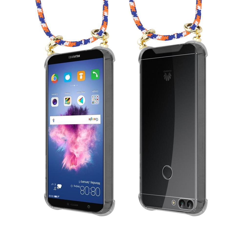 Due smartphone Huawei con laccetto, uno frontale e uno posteriore.