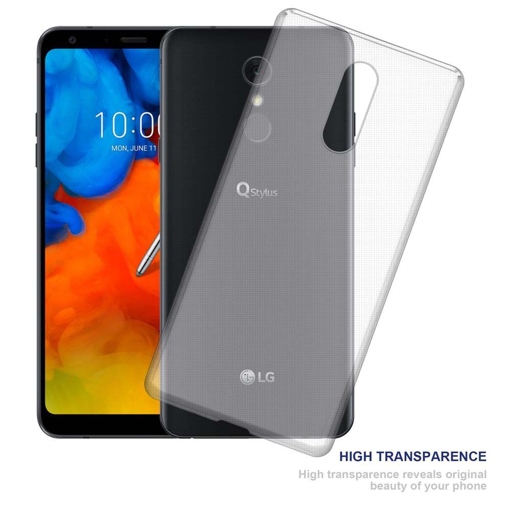 Uno smartphone LG QStylus con custodia trasparente. Lo schermo mostra le 10:00.
