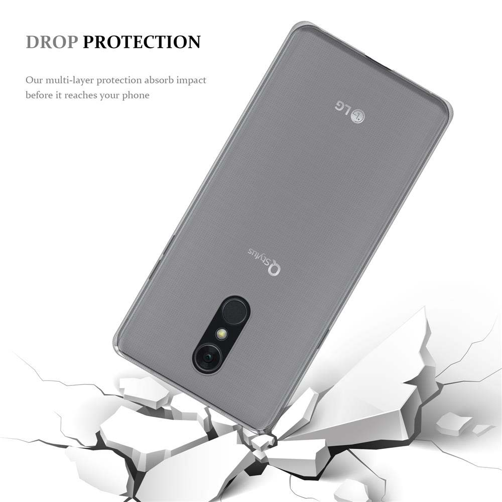 Telefono LG Q Stylus grigio con protezione anticaduta che cade su superficie incrinata.