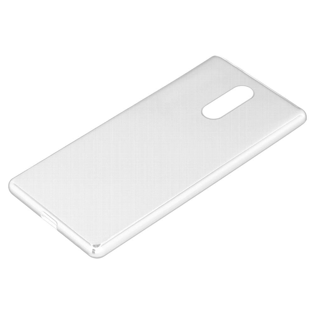 Una cover trasparente per telefono con ritaglio ovale giace su sfondo bianco.