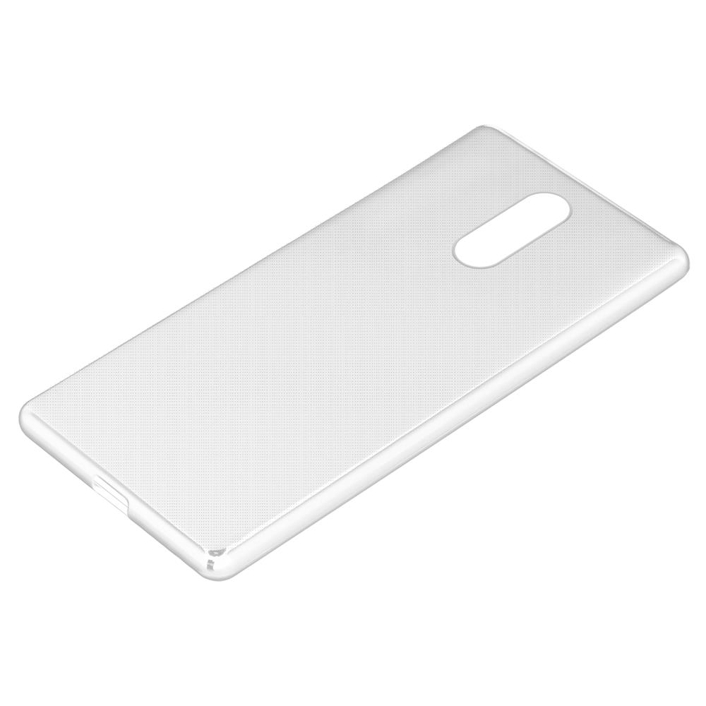 Una cover trasparente per telefono con texture a pois e un ritaglio ovale.