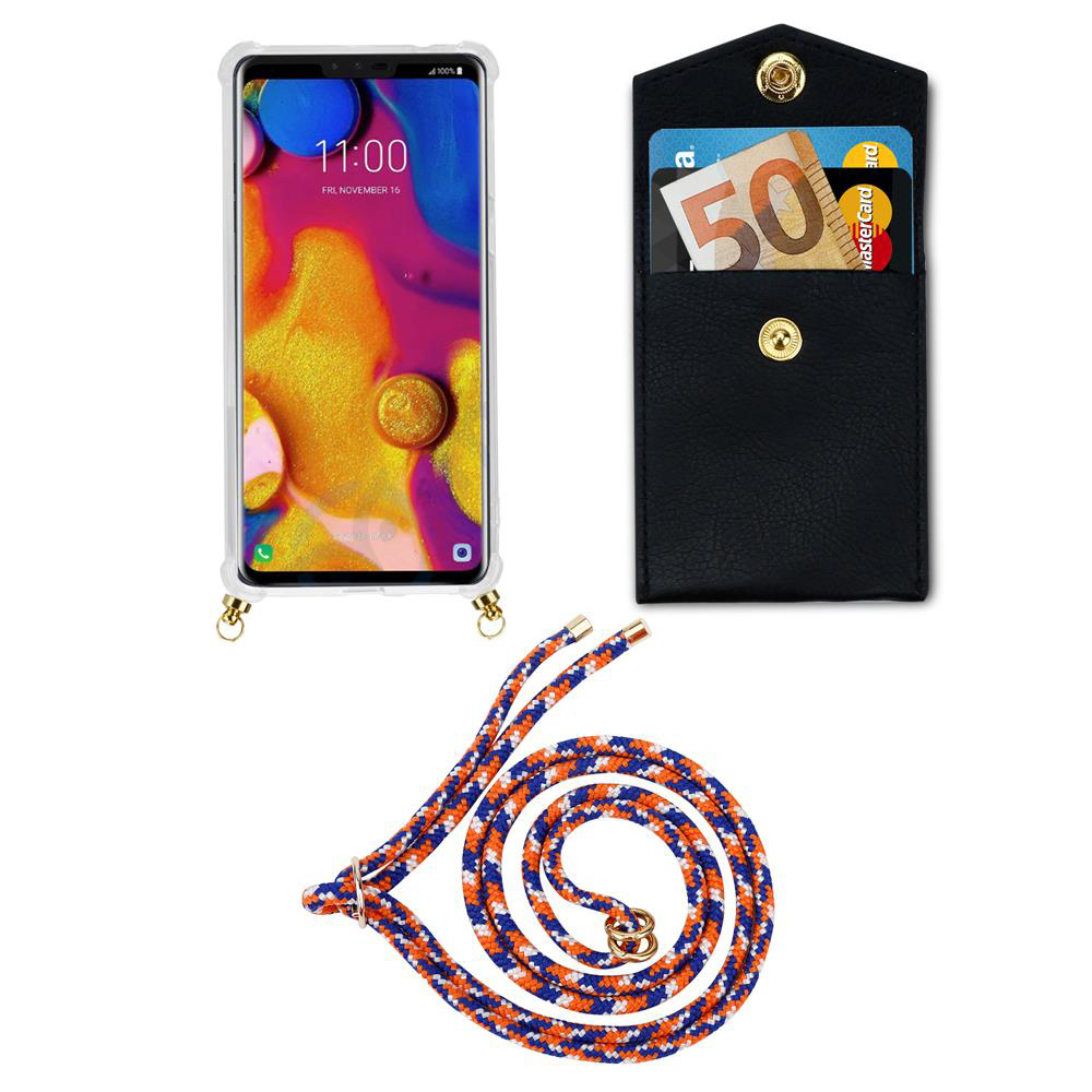Smartphone mit buntem Hintergrund, schwarze Tasche mit Geld und Karte, Kordel.