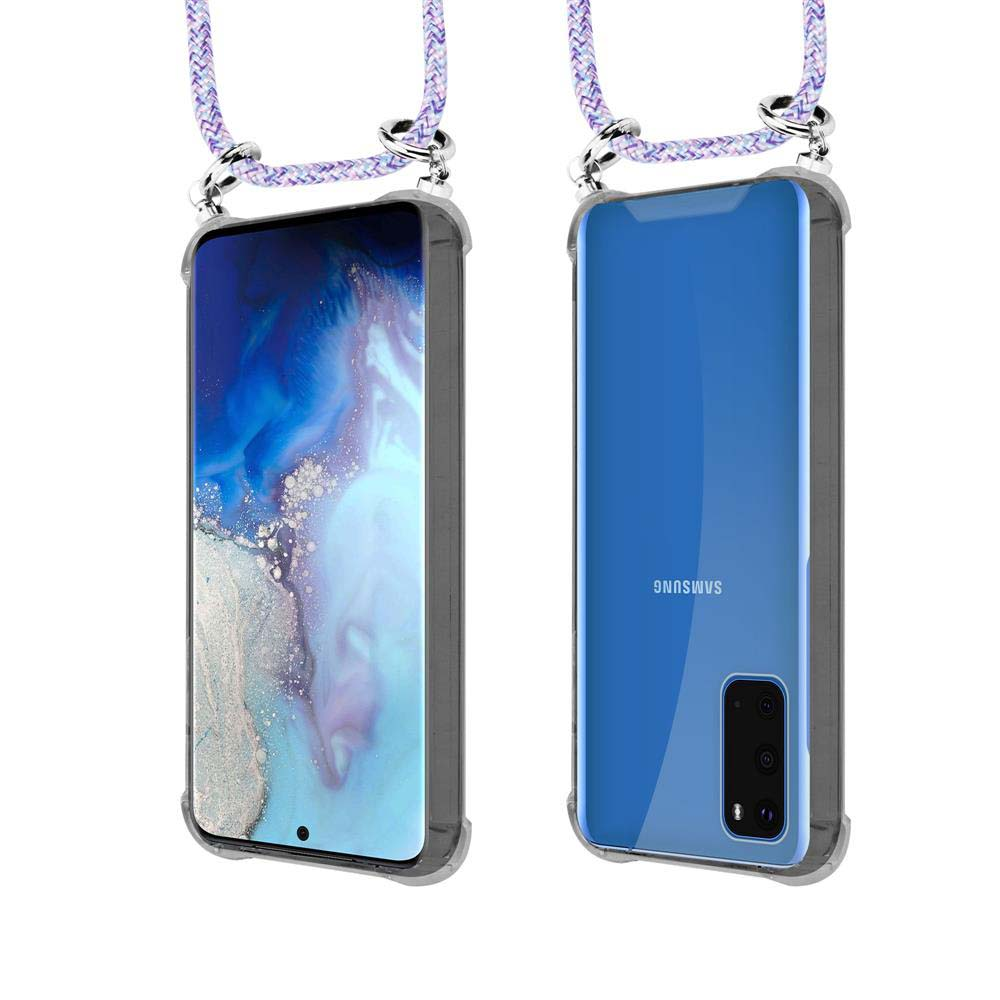 Due smartphone in custodie con laccetti, viste frontale e posteriore.