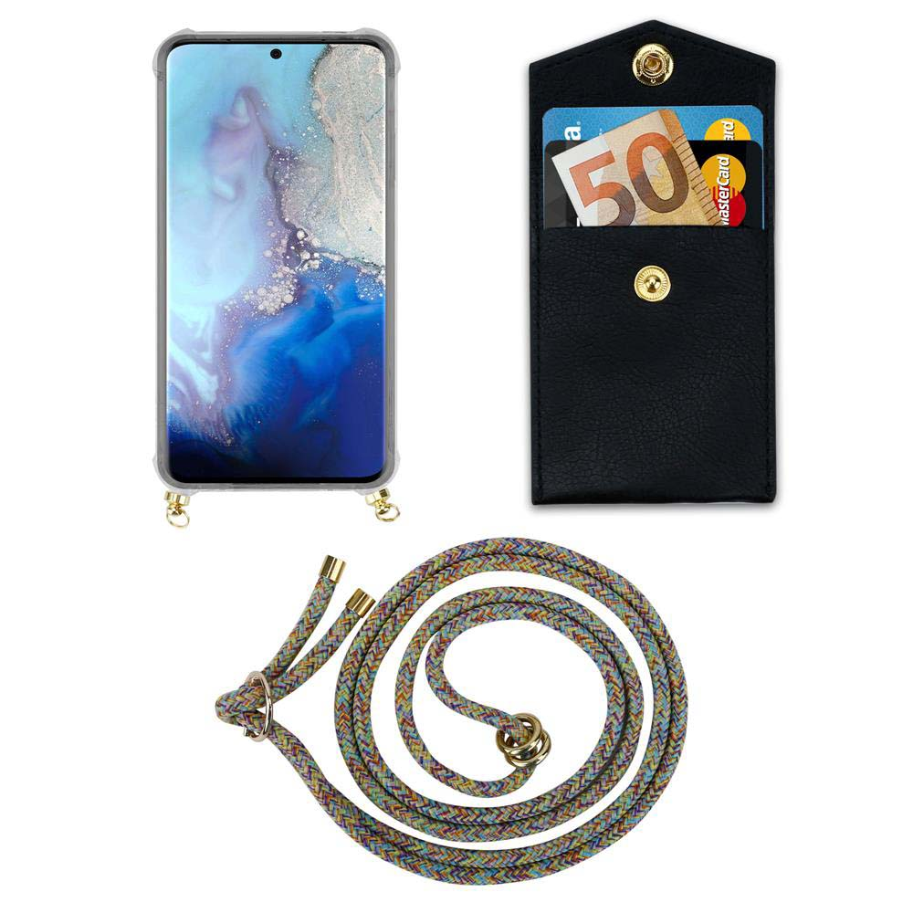 Smartphone con cover, portafoglio con euro e carta, cordino colorato.