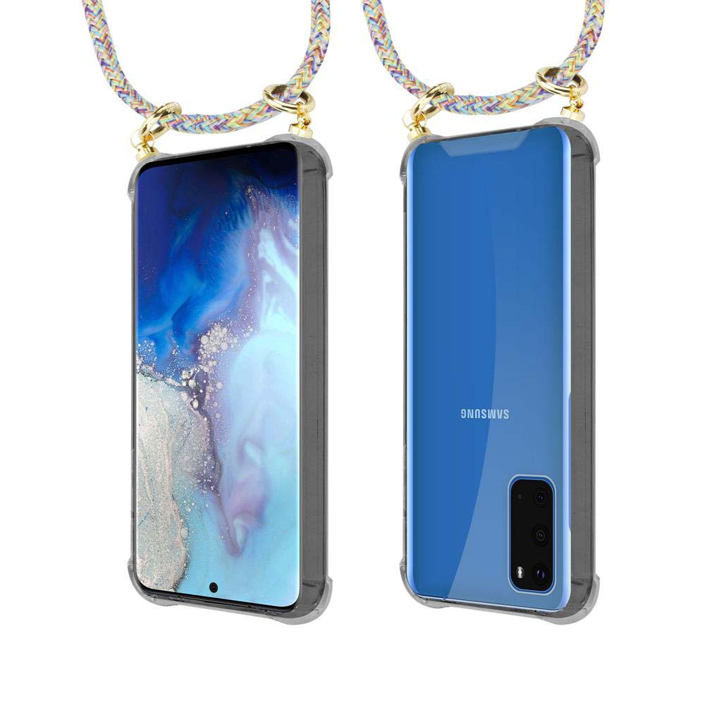 Due smartphone in custodie con cordini, vista frontale e posteriore.