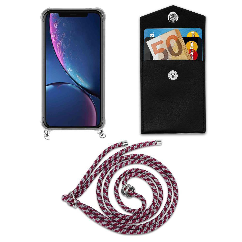 Smartphone in custodia, tasca nera con banconota da 50€ e carta, laccio.