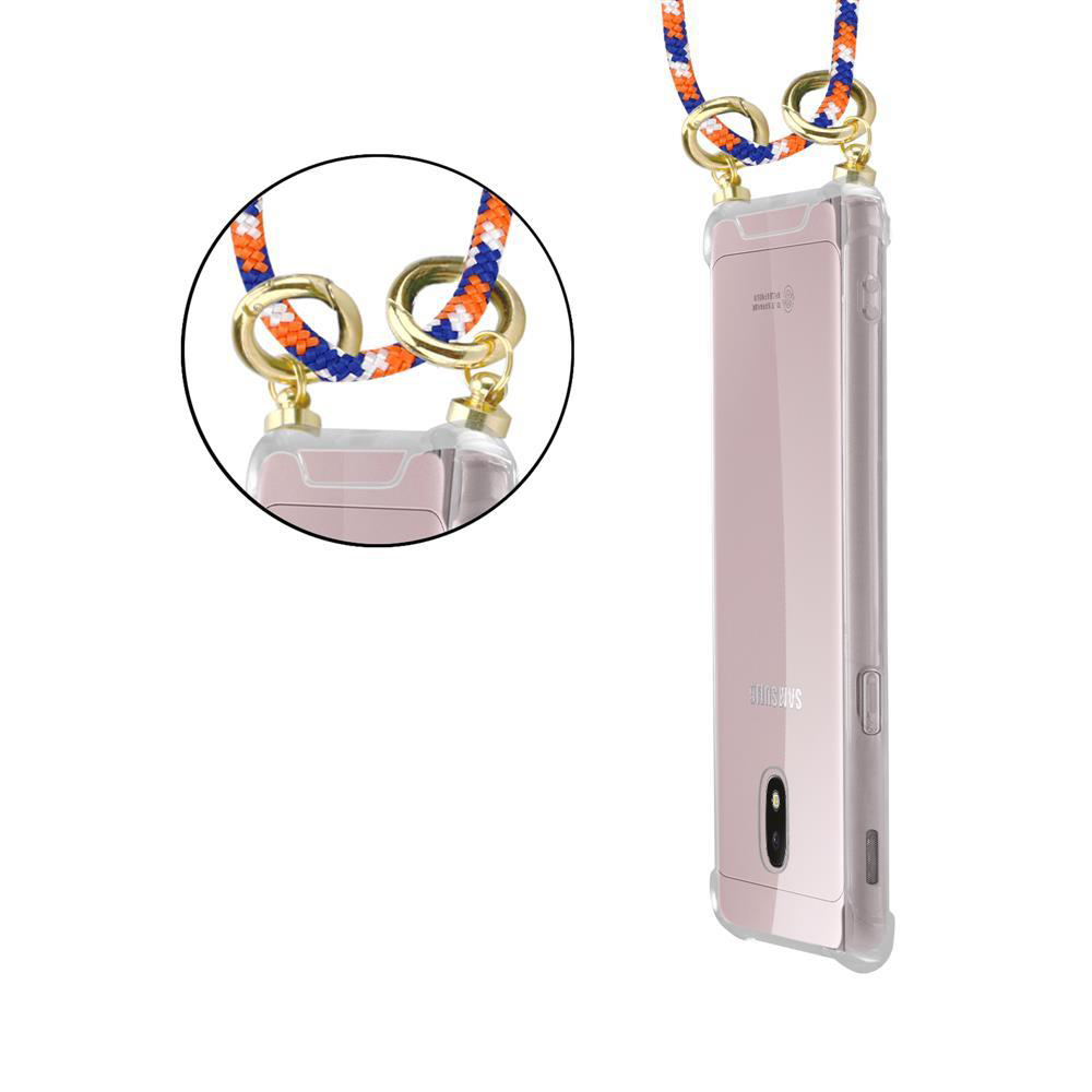 Un telefono a conchiglia Samsung rosa con cordino arancione, blu e bianco e hardware dorato.