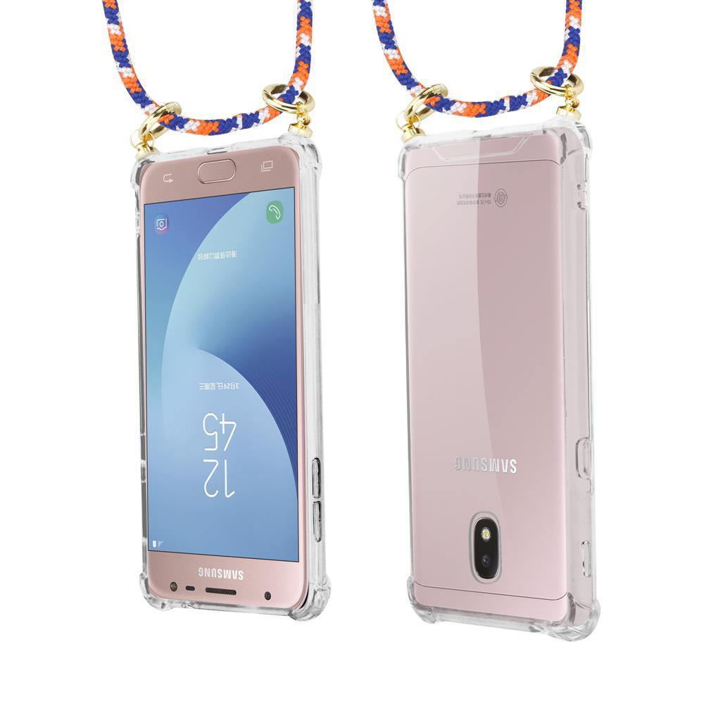 Due telefoni Samsung rosa in custodie trasparenti, con cordini.