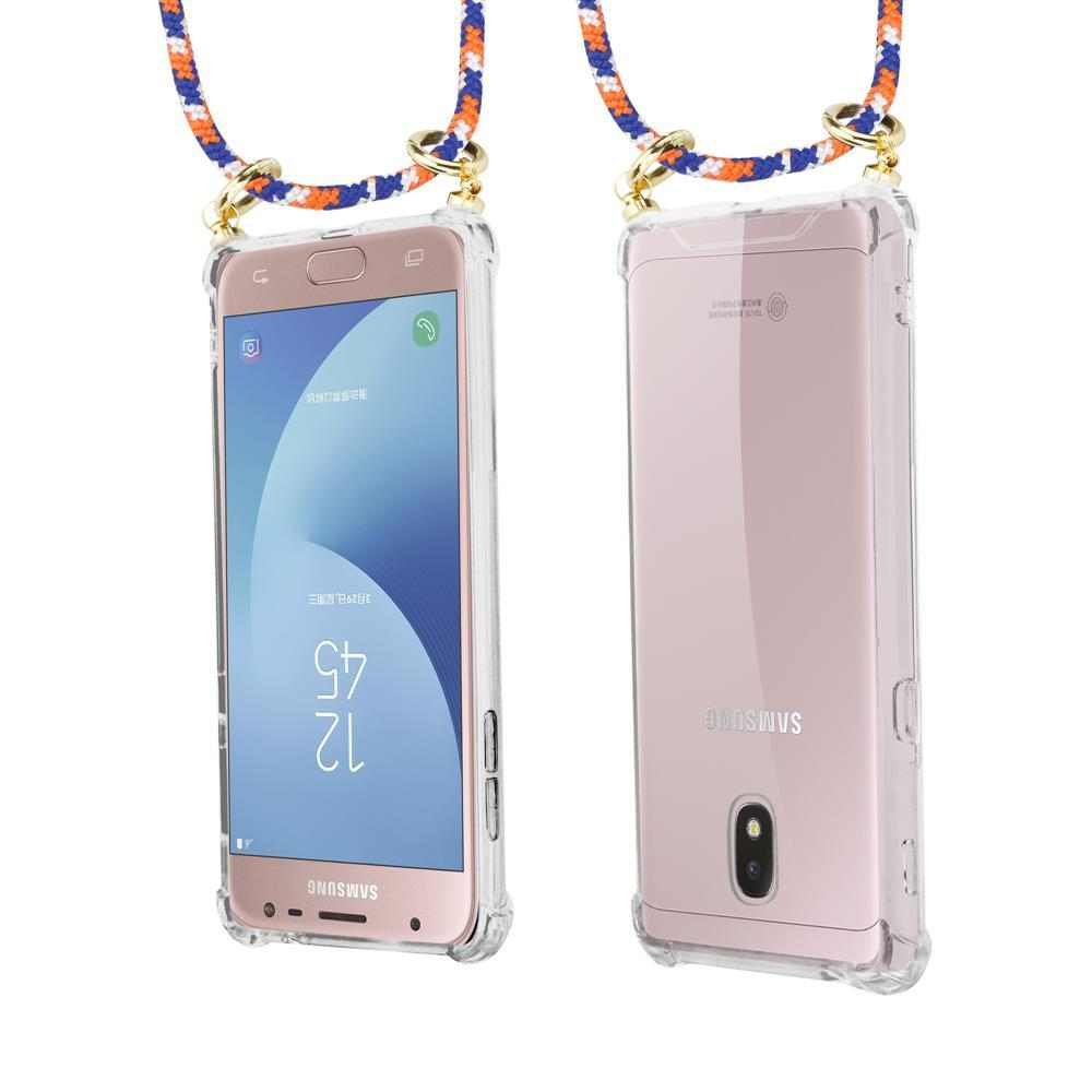 Un telefono Samsung rosa in custodia trasparente con laccetto. Viste frontale e posteriore.