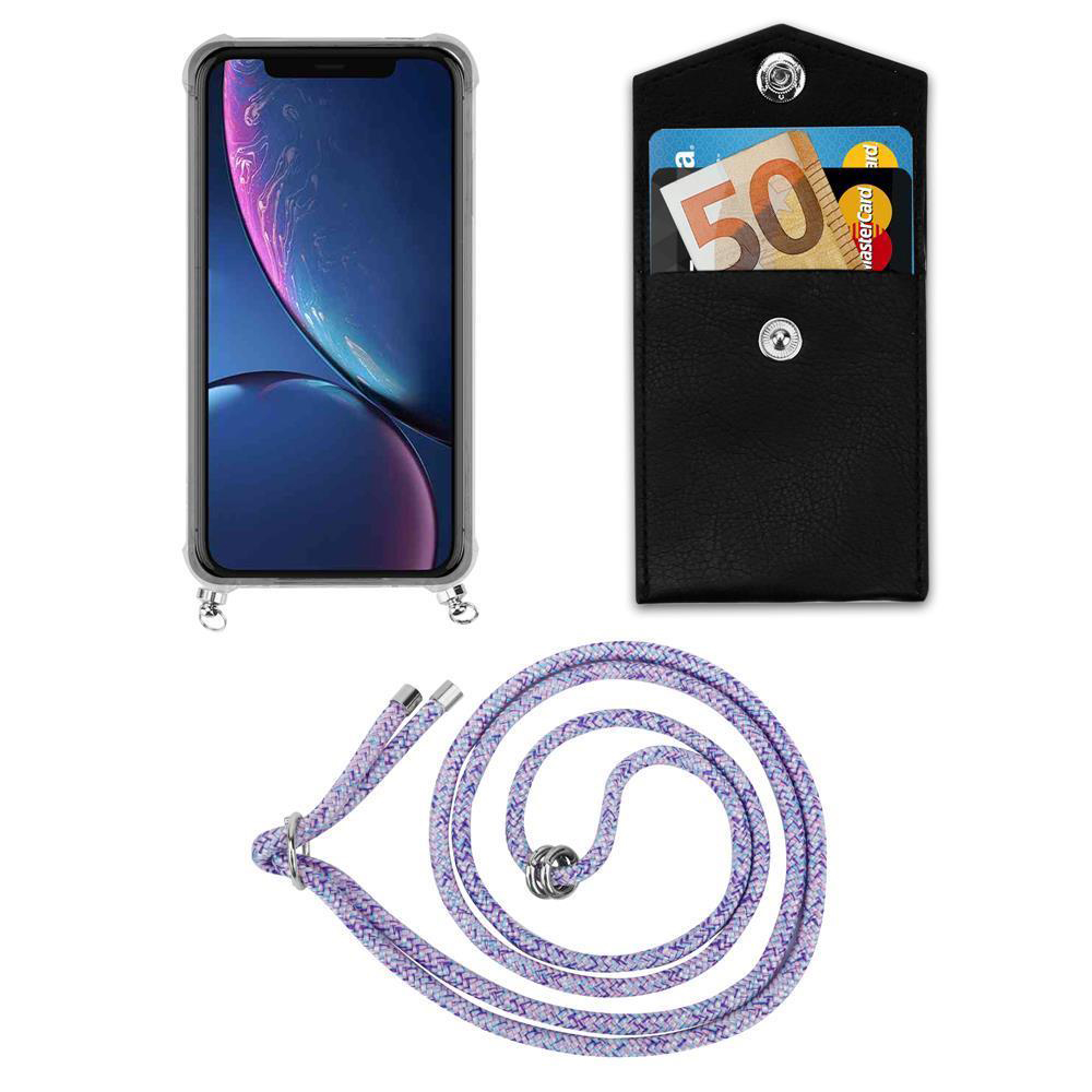 Uno smartphone in una custodia, un portafoglio nero con soldi e carta, e un cordino.