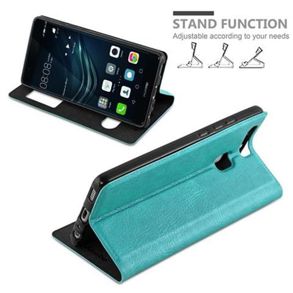 Ein türkisfarbener Handyhülle mit Ständerfunktion, die ein Smartphone hält.