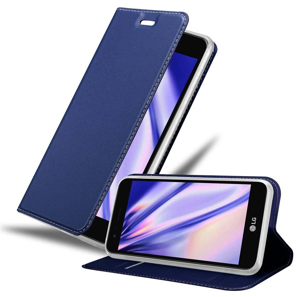 Custodia blu per telefono flip con smartphone all'interno, su sfondo bianco.