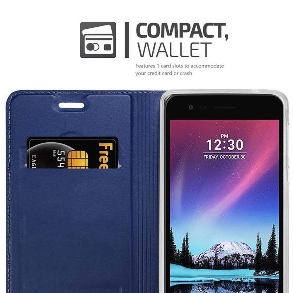 Custodia a portafoglio blu con smartphone. Carta con 'Free' e 554 visibile.