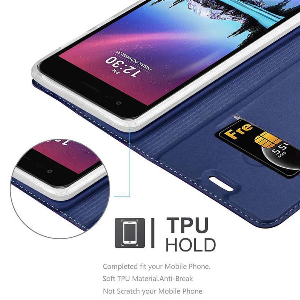 Custodia blu per telefono con telefono che mostra le 12:30 e una SIM card.