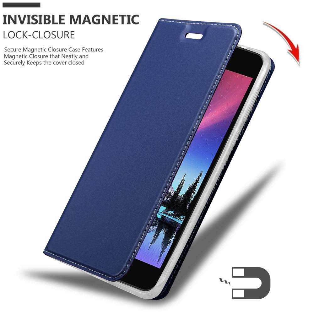 Custodia blu per telefono con chiusura magnetica, che mostra uno scorcio dello schermo.