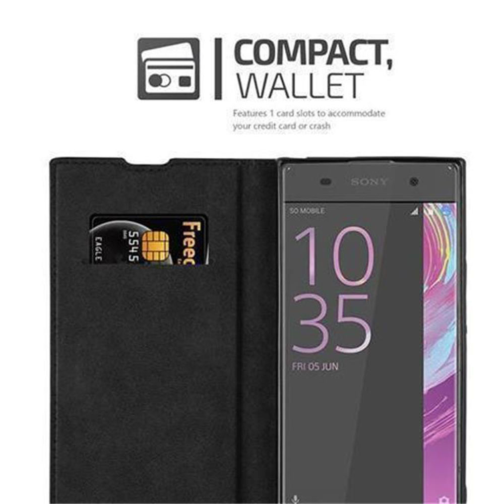 Custodia a portafoglio nera con slot per carte e smartphone Sony. Ora 10:35.