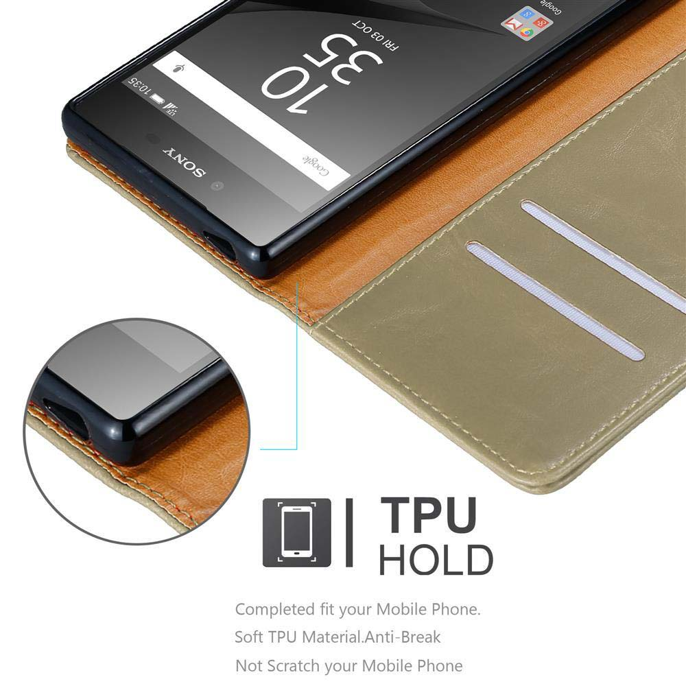 Uno smartphone Sony è mostrato in una custodia marrone e verde.