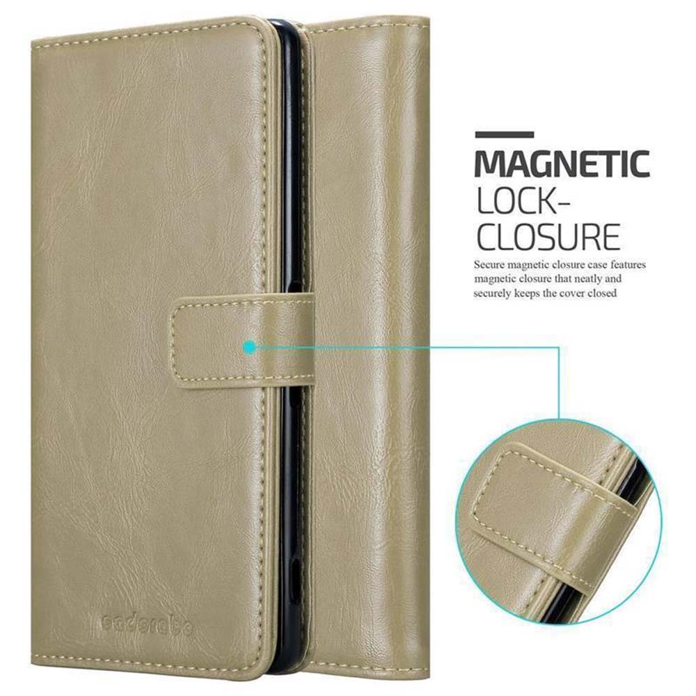 Custodia in pelle beige per telefono con chiusura magnetica e dettagli cuciti.