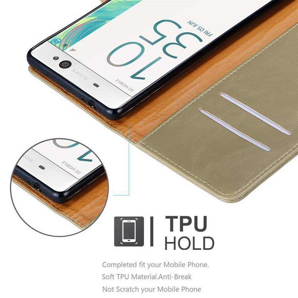 Telefono Sony in custodia con ora 10:35 sullo schermo e icona TPU.