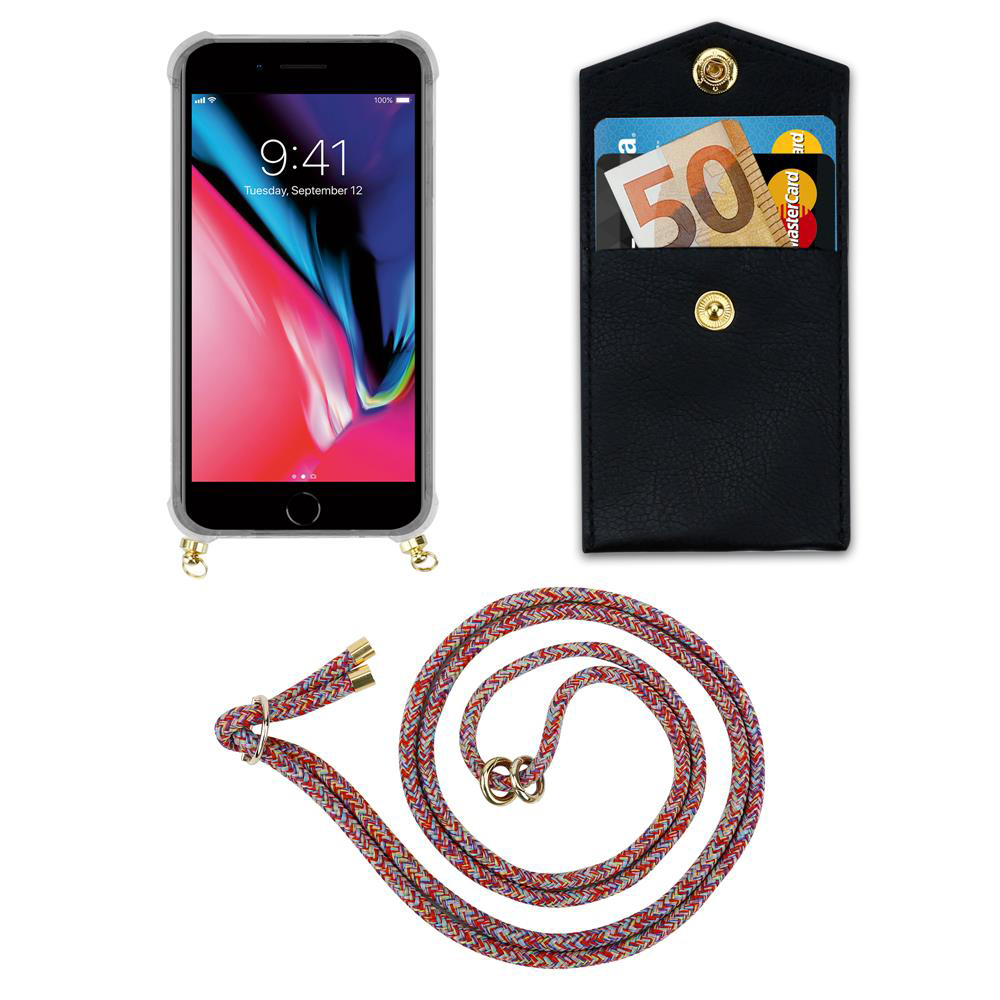 Ein Smartphone mit Hülle, eine schwarze Brieftasche mit Karten und Geld und eine bunte Kordel.