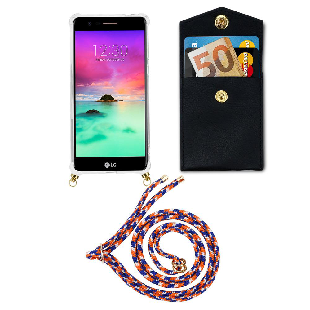 Ein transparentes Handy mit einer Hülle, einer schwarzen Brieftasche und einem Kordelband.
