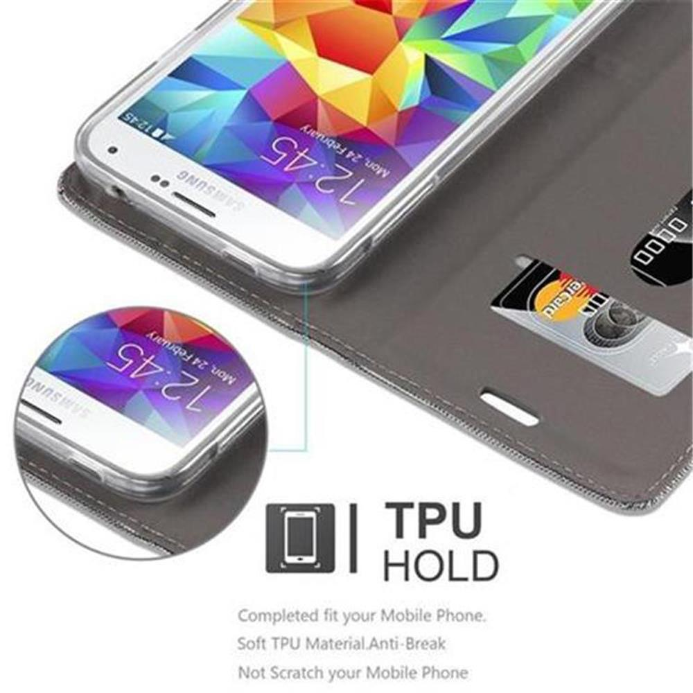 Graue Handyhülle mit einem Samsung-Smartphone, das auf dem Sperrbildschirm angezeigt wird.