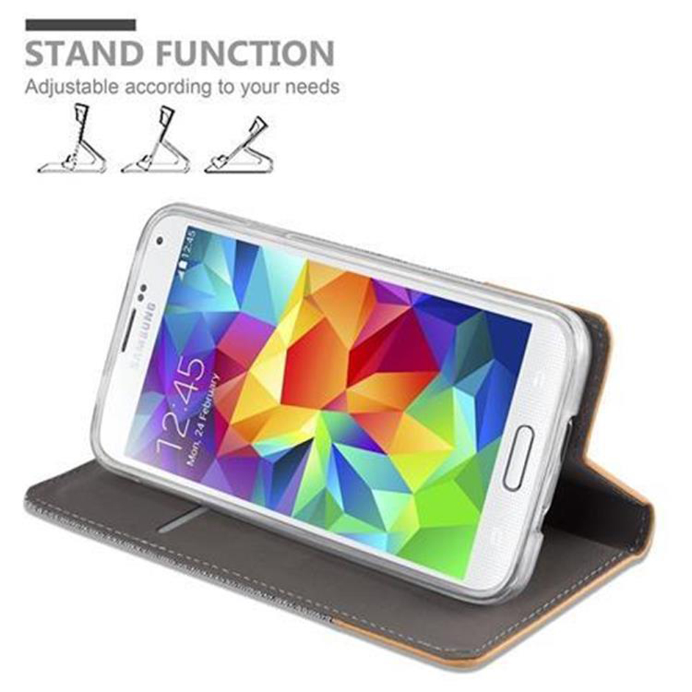 Ein weißes Samsung-Handy mit farbigem Bildschirm in grauer Hülle.