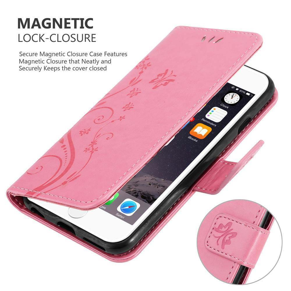 Una custodia rosa per iPhone con motivo floreale e chiusura magnetica.
