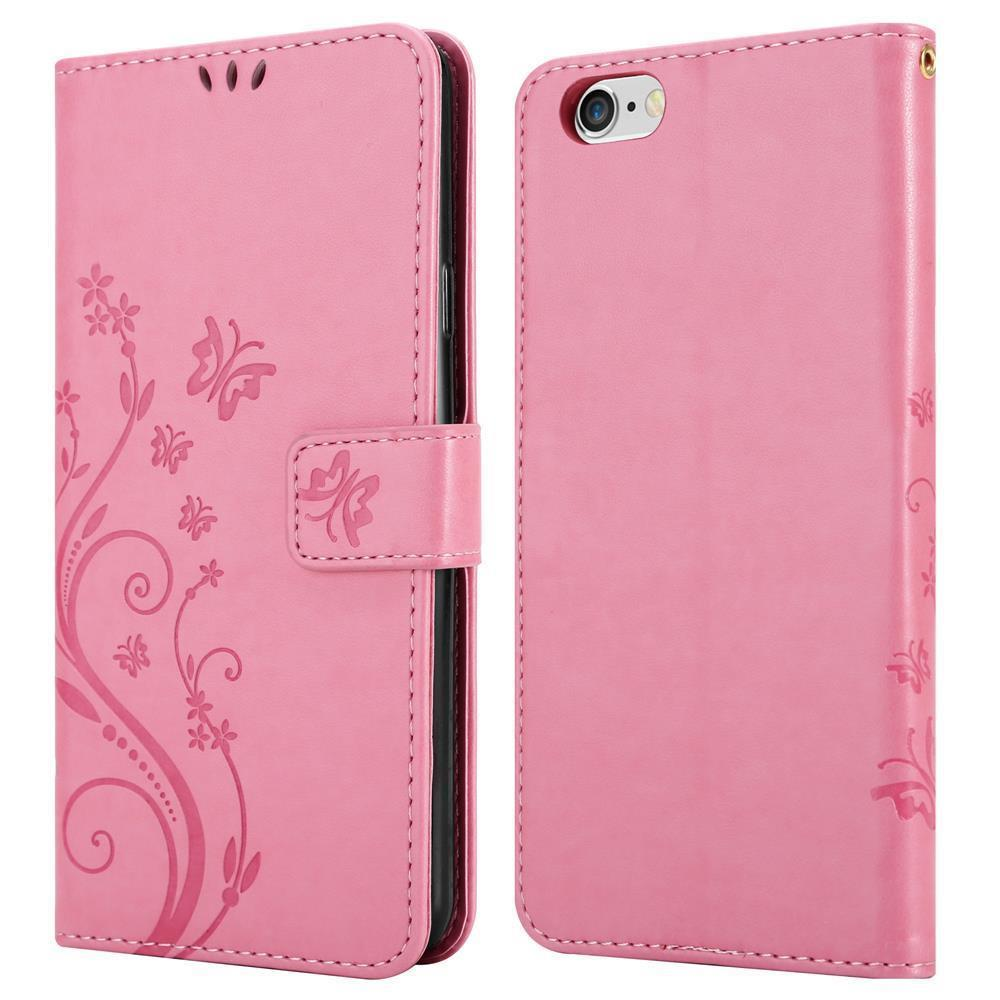 Una custodia rosa a libro per telefono con motivo a farfalla e fiori.