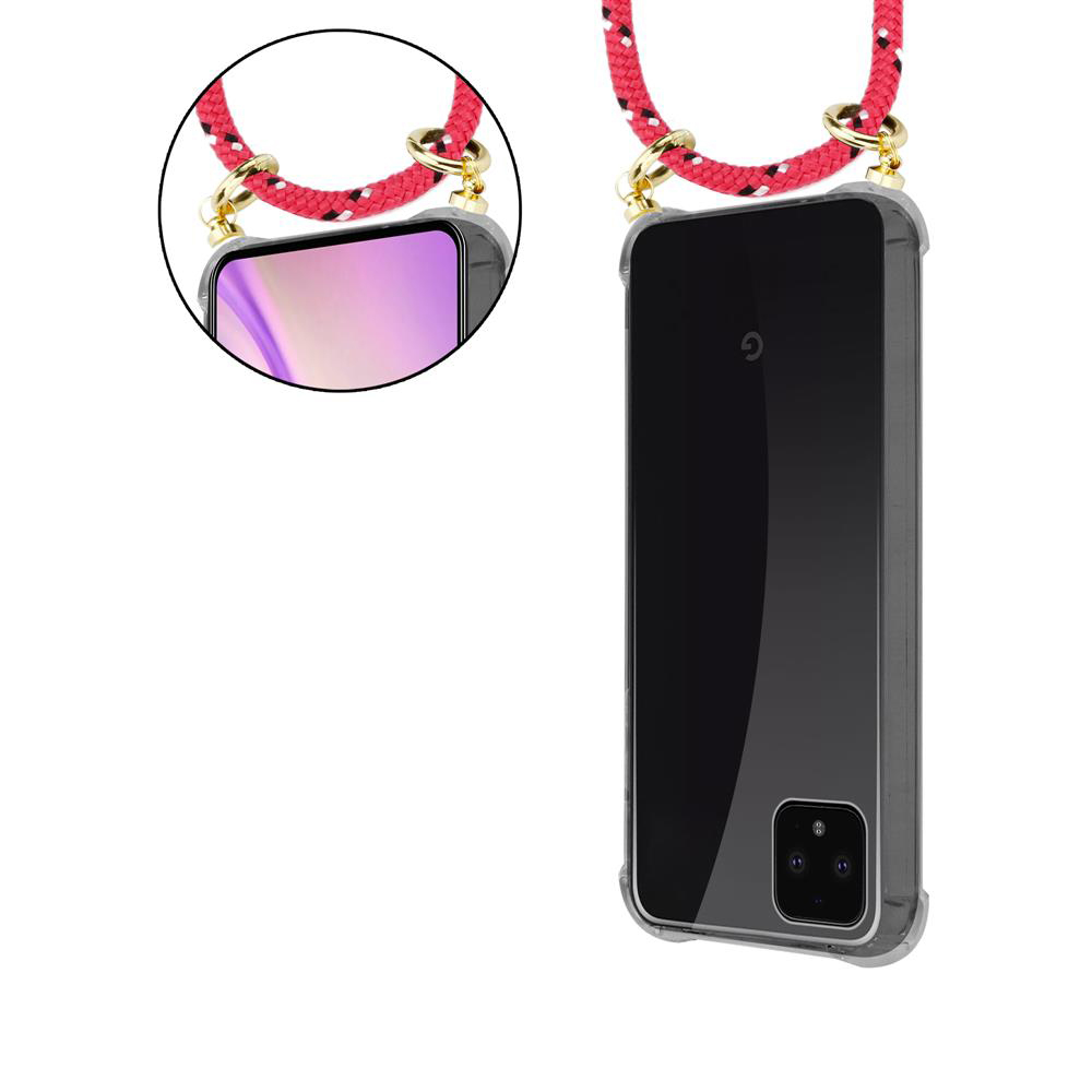Smartphone mit rotem Band und transparentem Gehäuse.