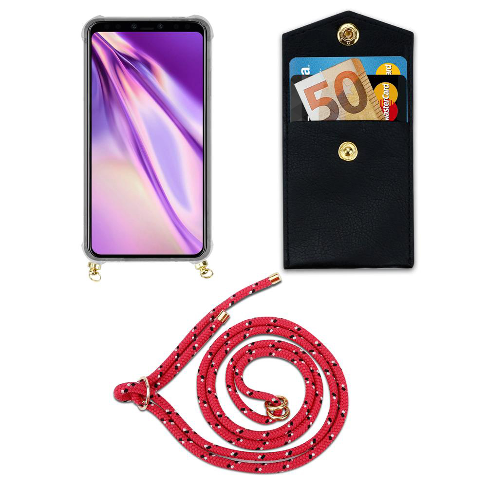 Ein Smartphone mit Hülle, eine schwarze Tasche mit Karten und ein rotes Seil.