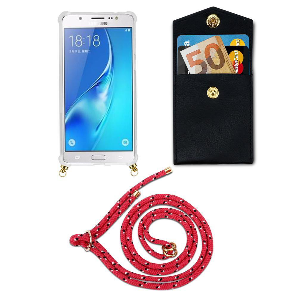 Uno smartphone in una custodia con cordino, accanto a un porta-carte.