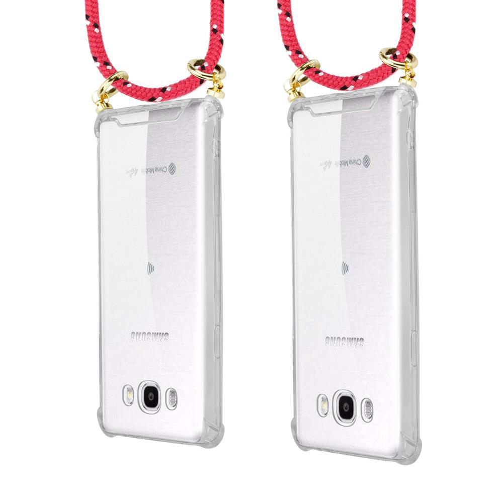 Due custodie trasparenti per telefono con laccetti rossi, motivo bianco, hardware dorato.