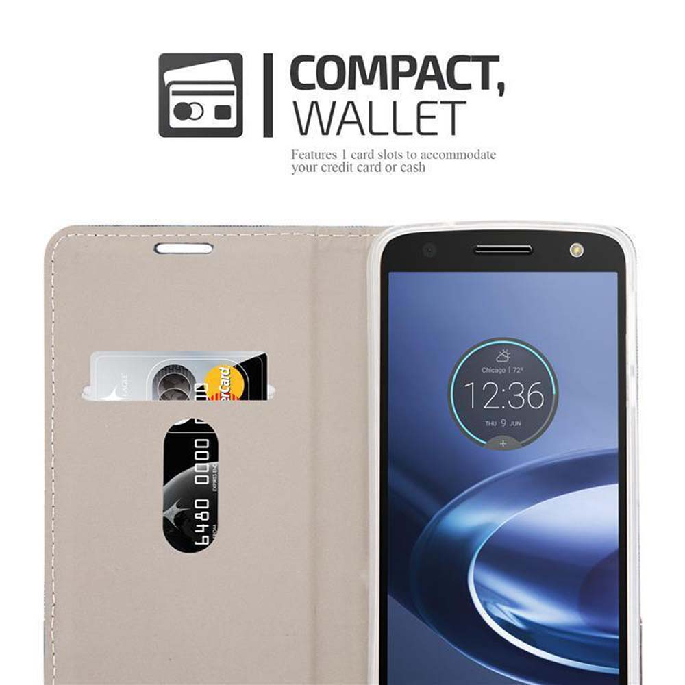Uno smartphone in custodia a portafoglio mostra le 12:36 e slot per carte.