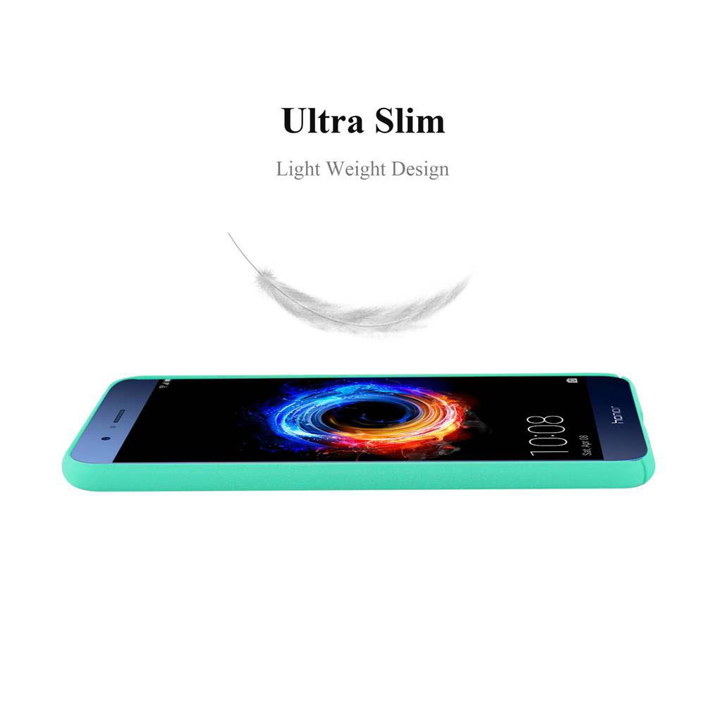 Uno smartphone sottile e turchese che visualizza uno sfondo circolare luminoso.