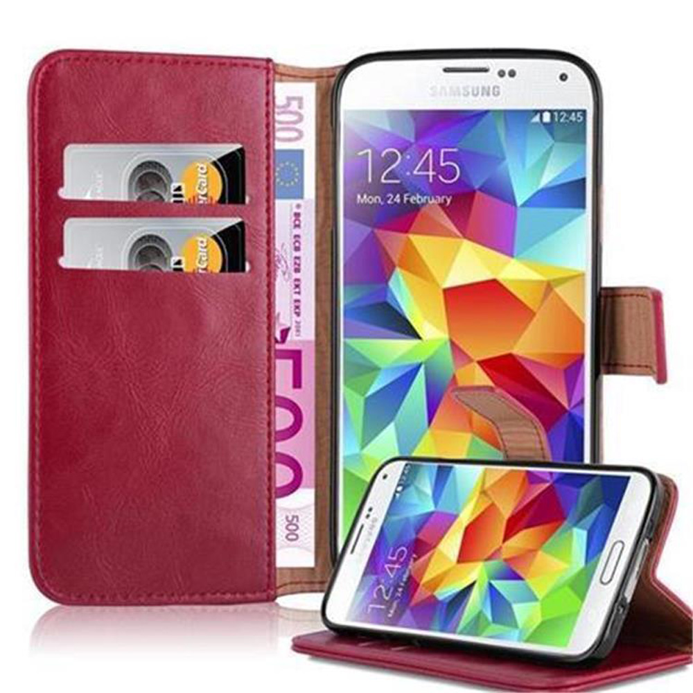 Portafoglio rosso con carte di credito e banconote, telefono Samsung con sfondo colorato.