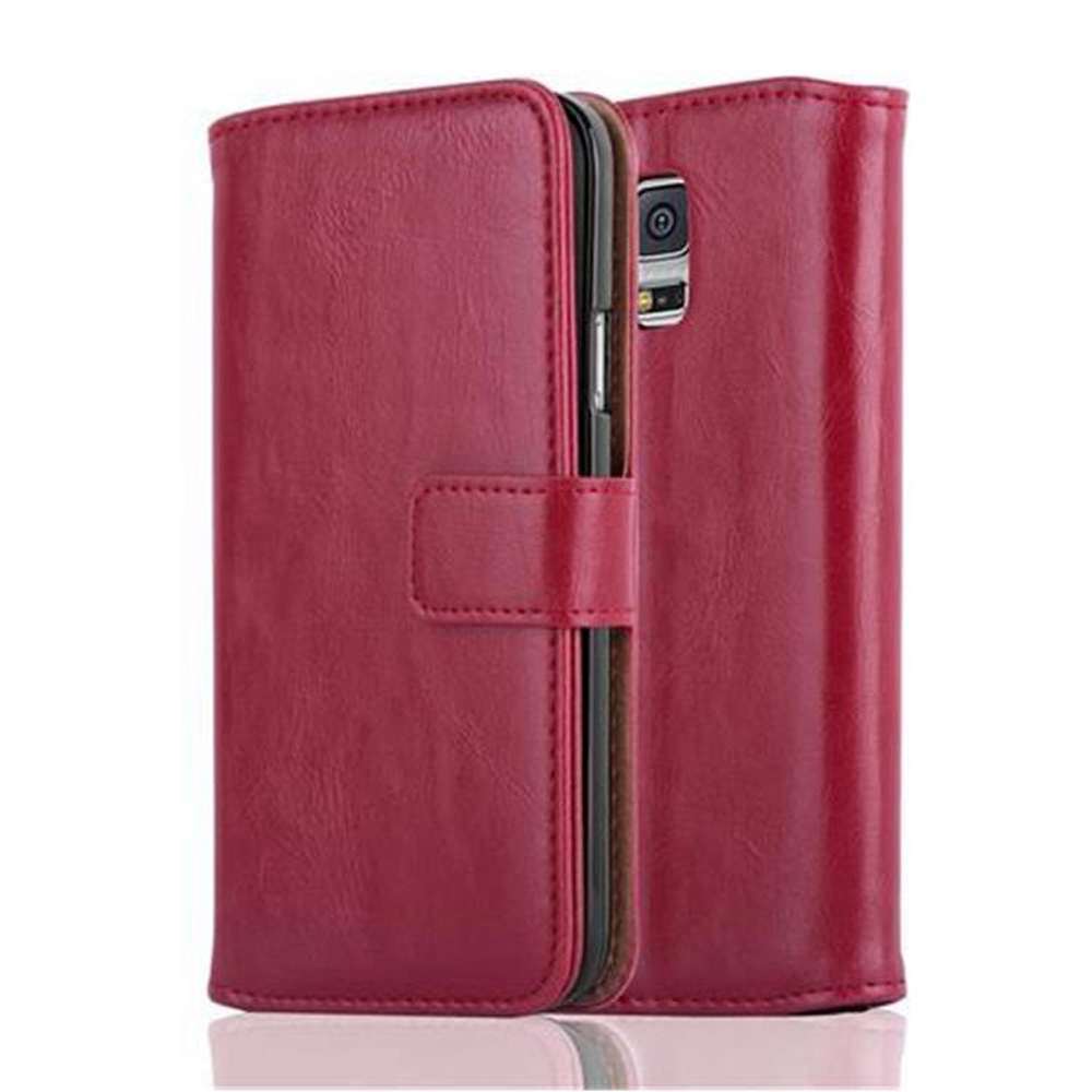 Custodia per telefono rossa in pelle stile portafoglio con chiusura a scatto.