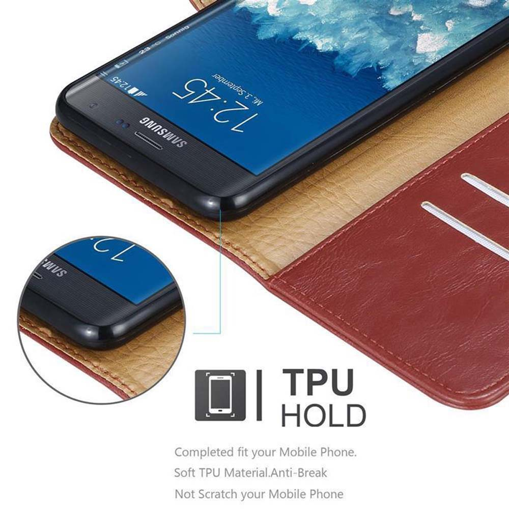 Uno smartphone in una custodia rossa con supporto in TPU e testo.