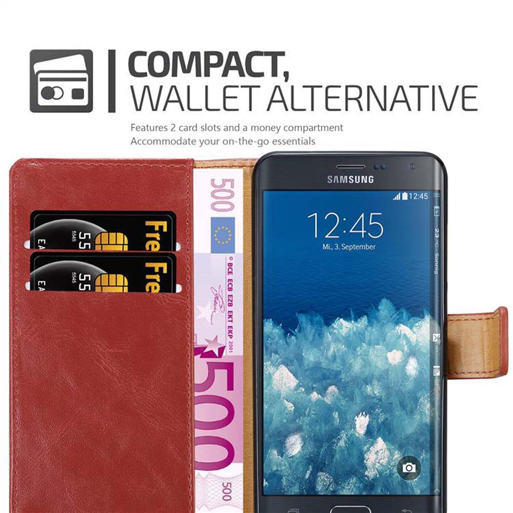 Portafoglio rosso con due fessure per carte e tasca porta banconote, accanto a uno smartphone.