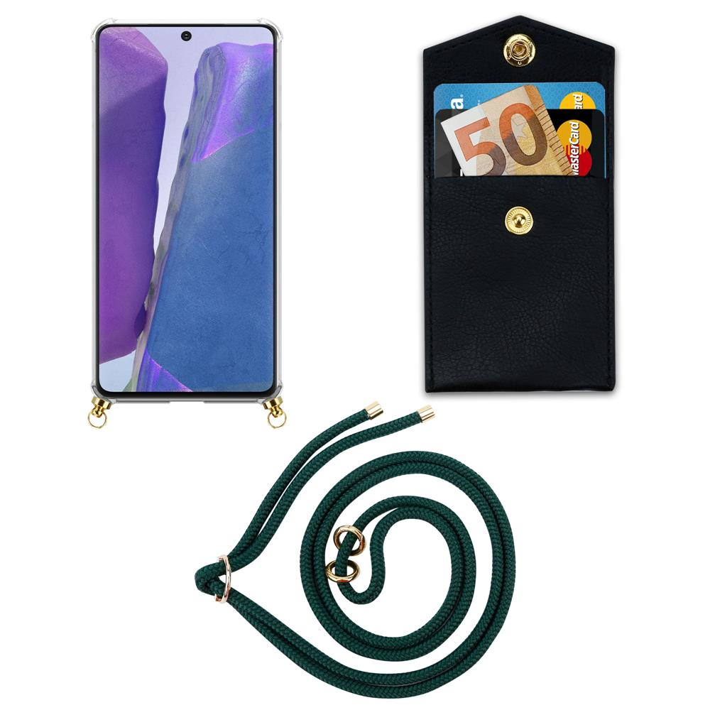 Smartphone in custodia trasparente, tasca nera con soldi/carte, cordino verde.