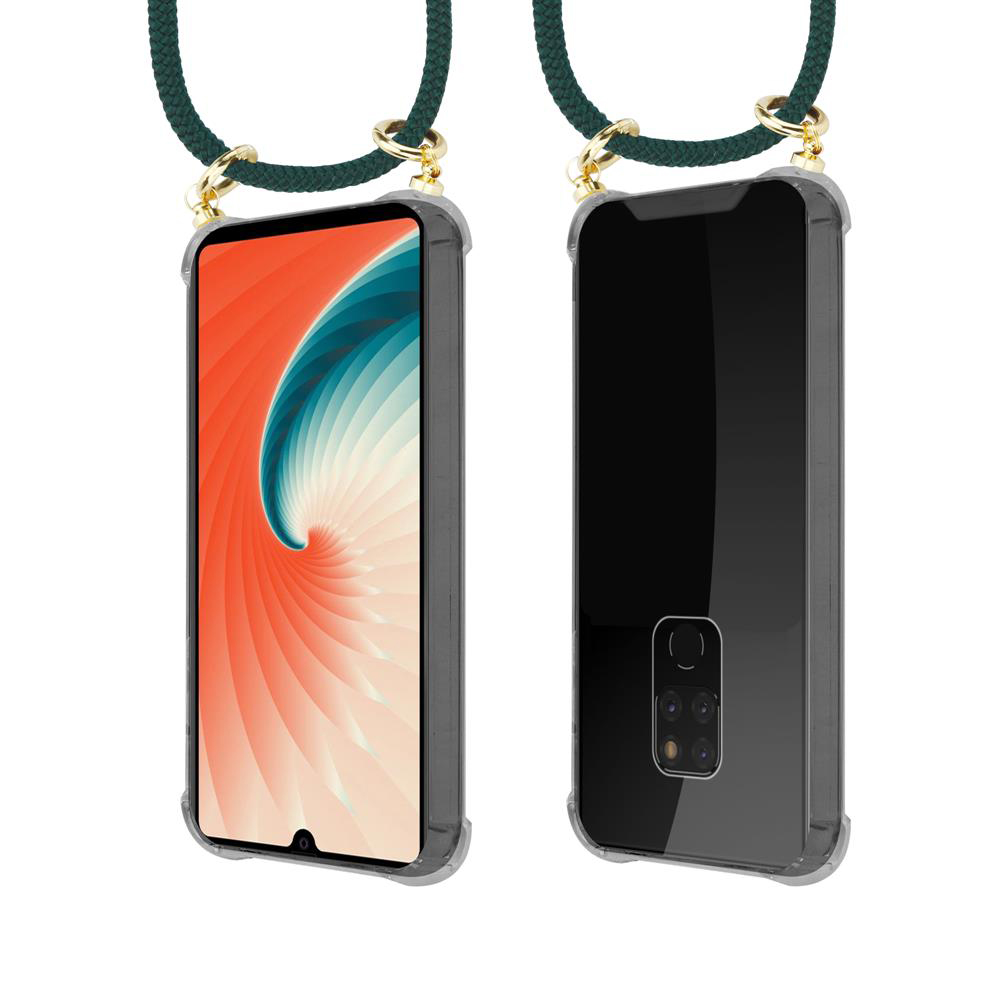 Custodia trasparente per telefono con cinturino verde, vista frontale e retro.
