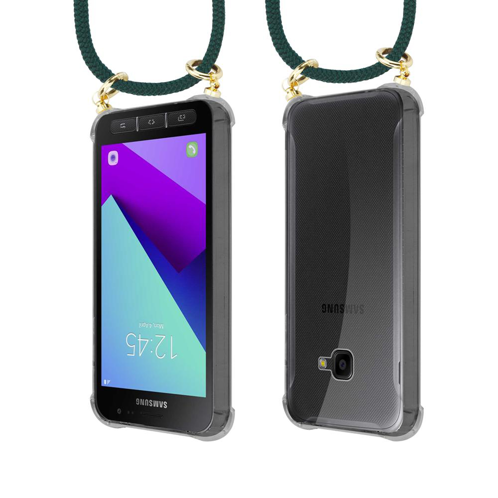 Smartphone Samsung in custodia trasparente con laccetto, vista frontale e posteriore.