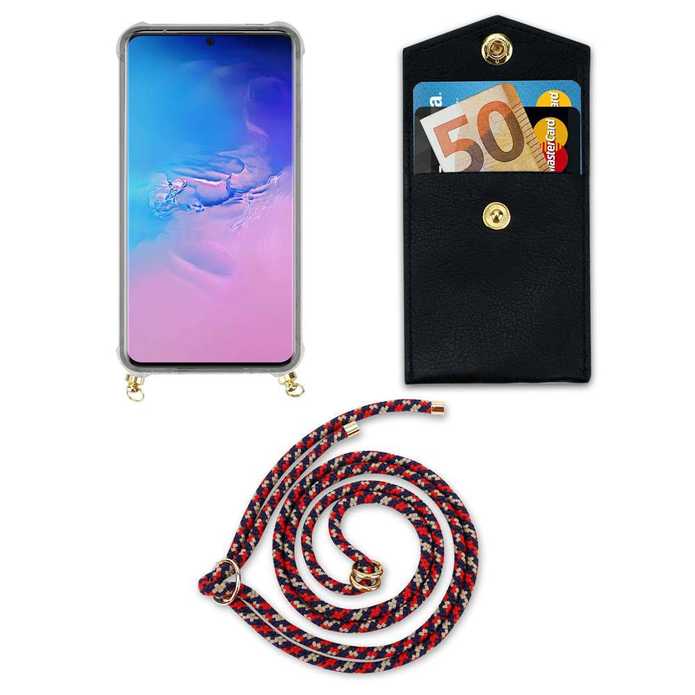 Custodia per smartphone con cordino, tasca nera con soldi e carte.
