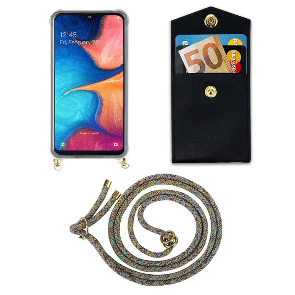 Custodia per telefono con porta carte e laccetto colorato su sfondo bianco.