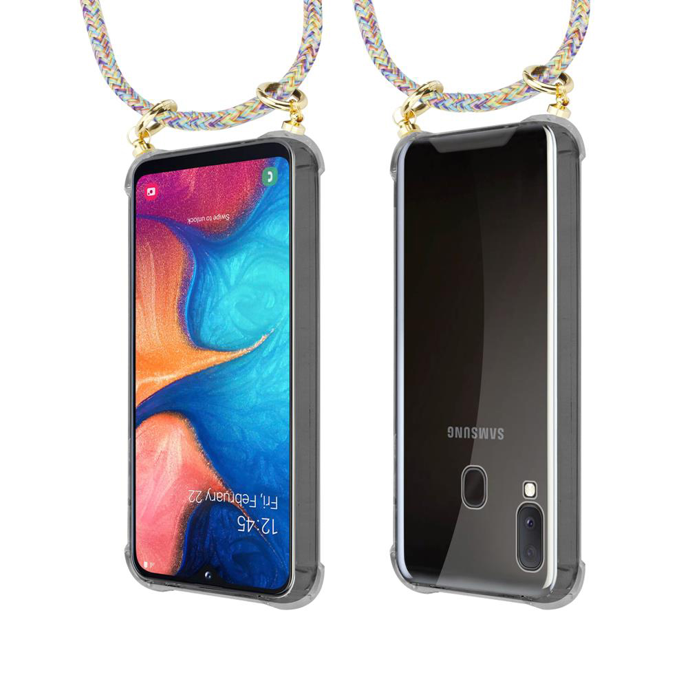 Smartphone in custodia trasparente con laccetto, viste frontale e posteriore.
