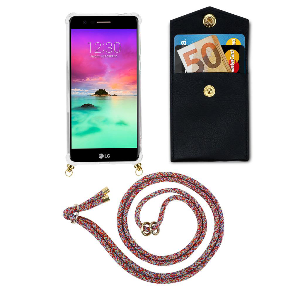 Ein Smartphone mit einer schwarzen Brieftasche und einem Lanyard.